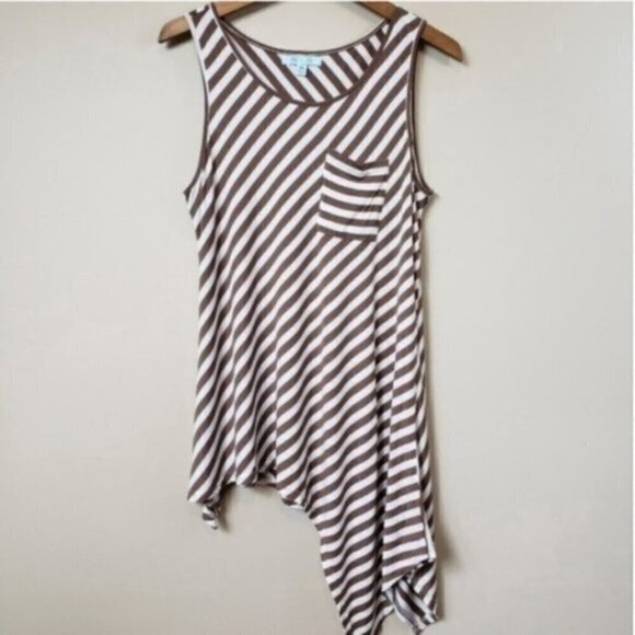 She & Sky | Brown White Striped Asymmetrical Hem Tank Top Size Medium - Picture 1 of 4